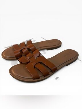 The Drop Maya Strappy Flat Slide Sandals Tan Leather | 8.5